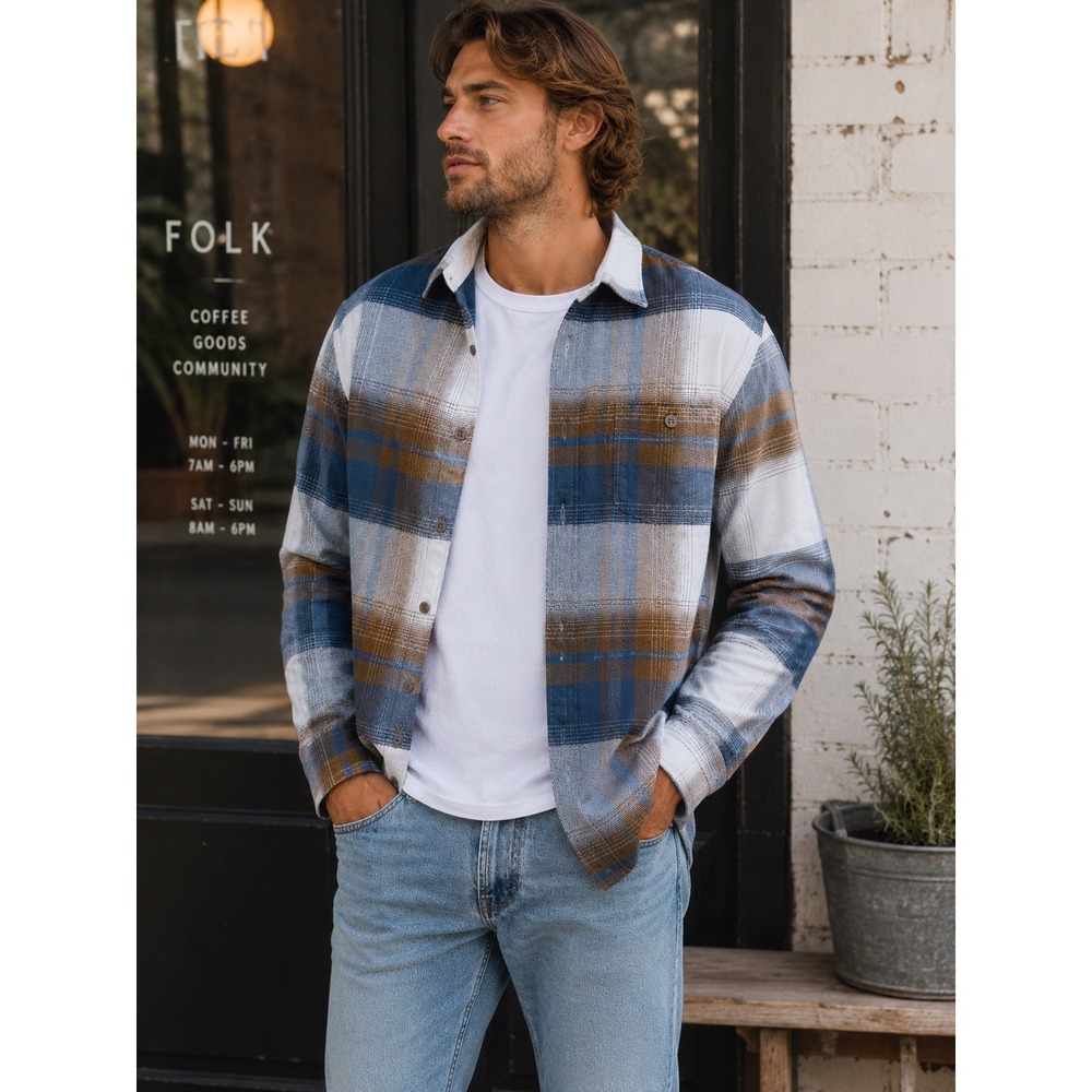 ROWM Mens Plaid Button Down Shirt Long Sleeve Cotton Blue Brown Large NEW